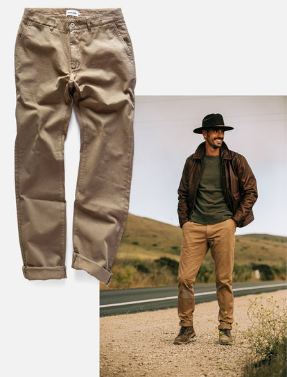 The Democratic Foundation Pant in Organic Khaki flatlay & Lifestyle imagery