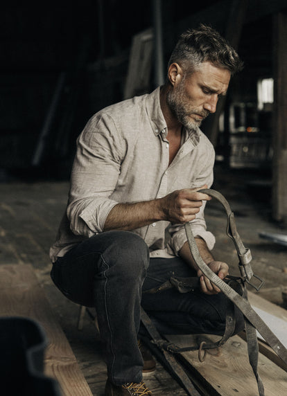 Model wearing The Jack in Merlot Slub Cotton Linen and The Camp Pant in Soil Chipped Canvas