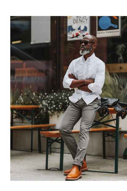 Efe Efeturi wearing The Jack in White Everyday Oxford