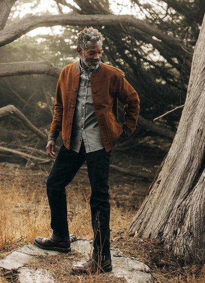 Model standing in The Bomber Jacket in Moleskin and The Jack in Smoke Oxford