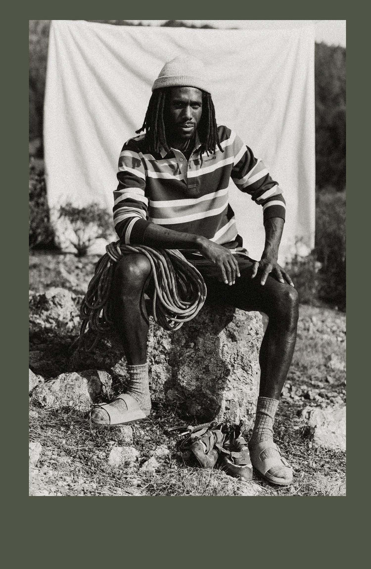 Model wearing The Rugby Tee in Navy Stripe