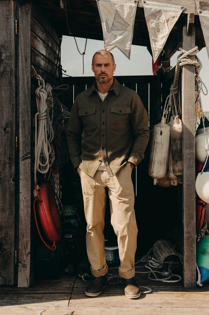 Model wearing The Maritime Shirt Jacket in Fatigue Olive