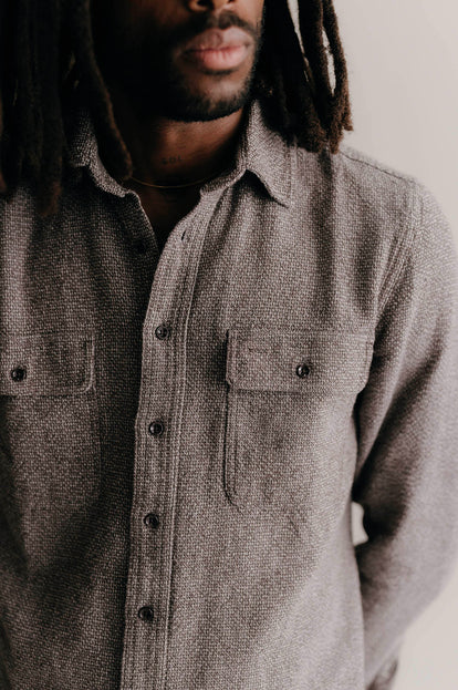 Close up of The Ledge Shirt in Granite Linen Tweed