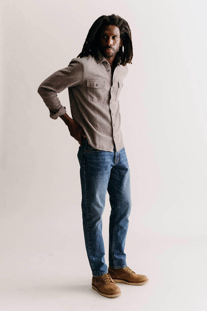 Model wearing The Ledge Shirt in Granite Linen Tweed with jeans