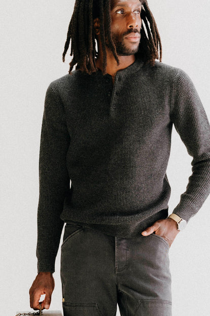 Model wearing The Sidecountry Sweater in Heather Coal Merino Waffle