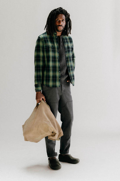 Model wearing The Yosemite Shirt in Twilight Plaid with The Chore Pant in Coal Chipped Canvas