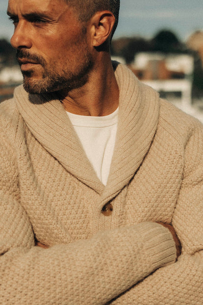 Close up of the chunky knit on The Fisherman Shawl Cardigan