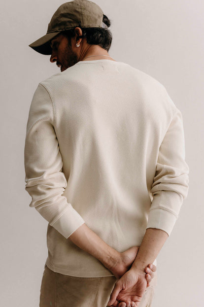 Model showing the back of the Organic Cotton Crew in Vintage White Waffle