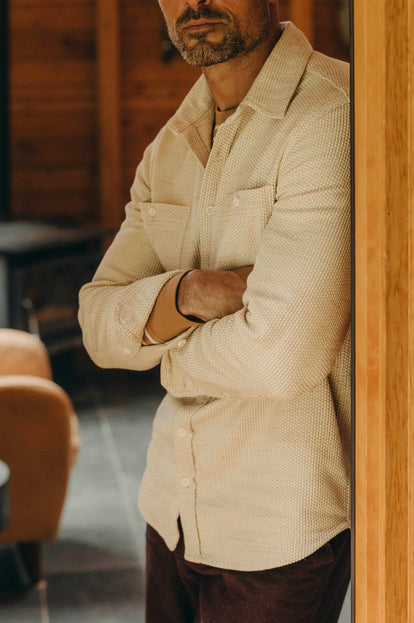 Close up of model in The Utility Shirt in Natural Sashiko