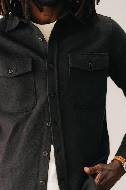 Close up of model in The Maritime Shirt Jacket in Faded Black Moleskin Twill