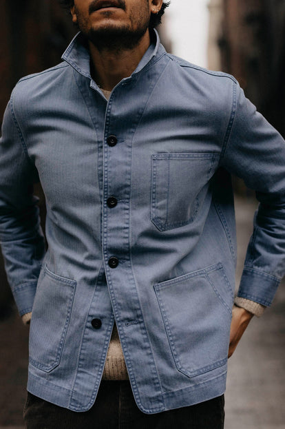 Model showing the front of The Ojai Jacket in French Blue Herringbone