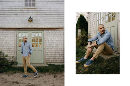 Model wearing The Foundation Pant chino with The Division Shirt in Washed Indigo