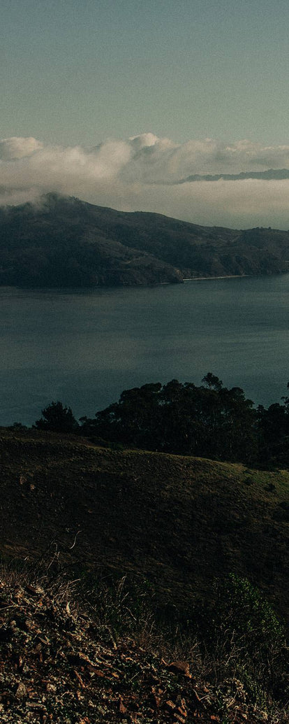 A rocky, grassy precipice overlooks a calm body of water and a beclouded coastal mountain in the distance.