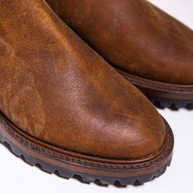 material shot of the toe box on The Ranch Boot in Redwood Waxed Suede, Footwear by Taylor Stitch