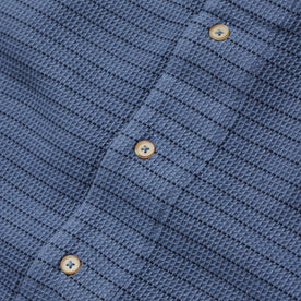 material shot of the buttons on The Short Sleeve Hawthorne in Ocean Pickstitch Waffle, Wovens by Taylor Stitch