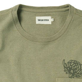 material shot of the collar and label on The Heavy Bag Tee in Sage Dahlia, Knits by Taylor Stitch