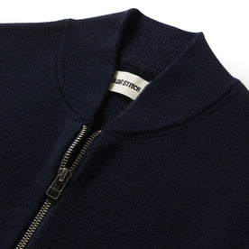 material shot of the collar on The Portola Bomber in Midnight Merino, Outerwear by Taylor Stitch