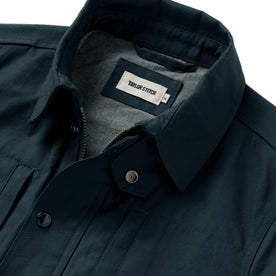 material shot of the collar on The Pathfinder Jacket in Navy Dry Wax, Outerwear by Taylor Stitch