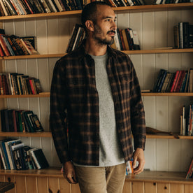 Fit model posing in The Yosemite Shirt in Timber Shadow Plaid, Wovens by Taylor Stitch