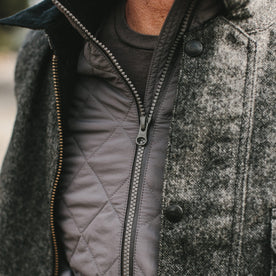 close up of our fit model wearing the vertical jacket, Outerwear by Taylor Stitch