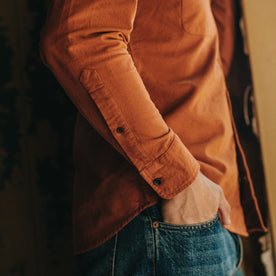 Fit model showing cuffs on The Yosemite Shirt in Copper, Wovens by Taylor Stitch