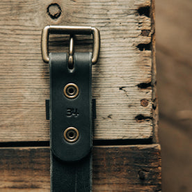 material shot of the buckle of The Standard Belt in Black, Accessories by Taylor Stitch