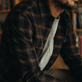 Fit model showing fabric detail on The Yosemite Shirt in Timber Shadow Plaid, Wovens by Taylor Stitch