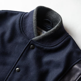 material shot of thr collar on The Golden Bear Snap Bomber in Midnight Wool, Outerwear by Taylor Stitch