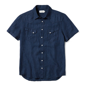 flatlay of The Short Sleeve Western in Indigo Linen, Wovens by Taylor Stitch