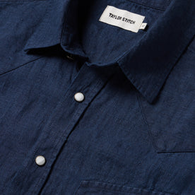 material shot of the collar on The Short Sleeve Western in Indigo Linen, Wovens by Taylor Stitch