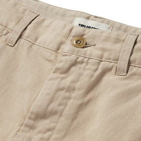 material shot of the button fly on The Foundation Short in Khaki Twill, Bottoms by Taylor Stitch