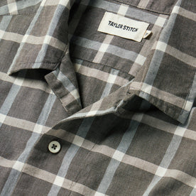 material shot of the camp collar on The Short Sleeve Hawthorne in Espresso Plaid, Wovens by Taylor Stitch