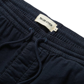 material shot of the waistband on The Après Short in Dark Navy Pinwale, Shorts by Taylor Stitch