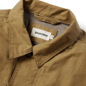 material shot of the collar on The Lined Longshore Jacket in Harvest Tan Waxed Canvas, Outerwear by Taylor Stitch