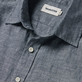 material shot of the collar and buttons on The Short Sleeve California in Navy Hemp, Wovens by Taylor Stitch