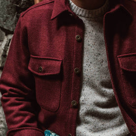 our fit model wearing The Explorer Shirt in Burgundy, Wovens by Taylor Stitch