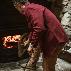 our fit model wearing The Explorer Shirt in Burgundy, Wovens by Taylor Stitch