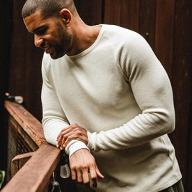 our fit model wearing The Heavy Bag Waffle Long Sleeve in Natural, Knits by Taylor Stitch