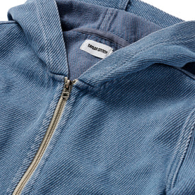 material shot of the hood and zipper on The Riptide Jacket in Washed Indigo Twill, Outerwear by Taylor Stitch