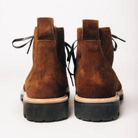 material shot of the back of The Moto Boot in Snuff Weatherproof Suede, Footwear by Taylor Stitch