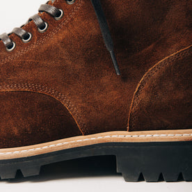 material shot of the side of The Moto Boot in Snuff Weatherproof Suede, Footwear by Taylor Stitch