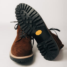 material shot of the Vibram sole on The Moto Boot in Snuff Weatherproof Suede, Footwear by Taylor Stitch