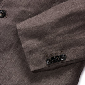 material shot of the dark horn sleeve buttons on The Sheffield Sport Coat in Cocoa Linen, Outerwear by Taylor Stitch