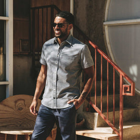 our fit model wearing The Short Sleeve California in Slate Cord, Wovens by Taylor Stitch