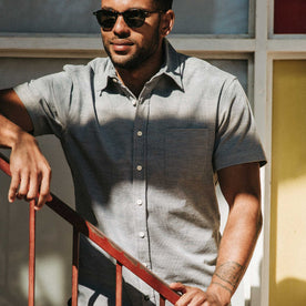 our fit model wearing The Short Sleeve California in Slate Cord, Wovens by Taylor Stitch