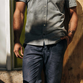 our fit model wearing The Short Sleeve California in Slate Cord, Wovens by Taylor Stitch