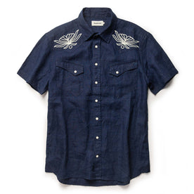 flatlay of The Embroidered Short Sleeve Western in Indigo Linen, Wovens by Taylor Stitch