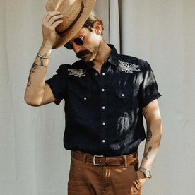 The Embroidered Short Sleeve Western in Indigo Linen - featured image