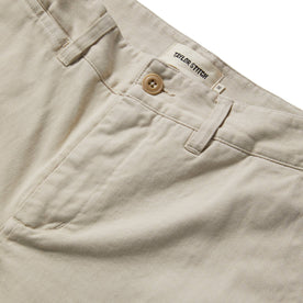 material shot of the front placket and waistband of The Democratic Foundation Pant in Organic Stone, Bottoms by Taylor Stitch