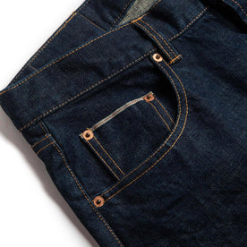 material shot of right pocket of The Democratic Jean in Rinsed Organic Selvage, Bottoms by Taylor Stitch